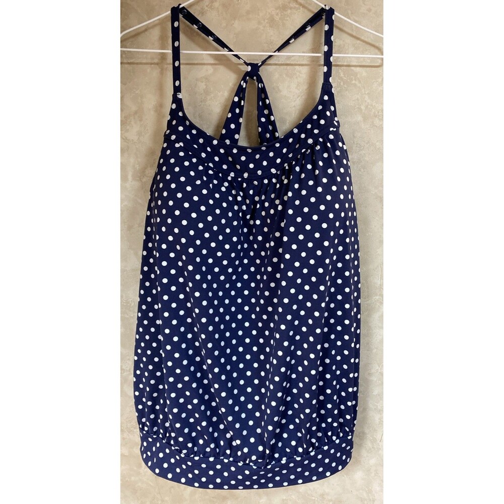 Lands' End Womens 16 Navy Blue White Polka Dot Blouson Banded Swimsuit Swim Top